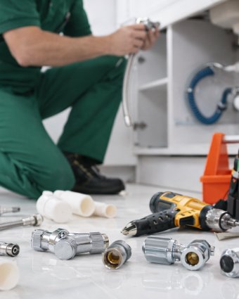 Plumber in blue uniform repairing pipes under a kitchen sink with tools
